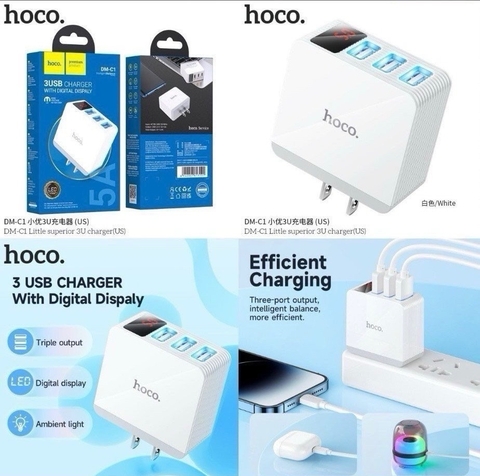 Cóc sạc nhanh 5A Hoco DM-C1 US  3 CỔNG USB, có MÀN HÌNH hiển thị chính hãng [BH: 1 NĂM]