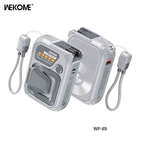 Pin sạc nhanh 22.5W WEKOME WP-89 10.000mAh (MÀU XÁM) không dây 5in1, Thiết kế đa chức năng 5 trong 1 (Sạc + sạc dự phòng + cáp tích hợp + sạc không dây từ tính + giá đỡ điện thoại) [BH: 1 năm]