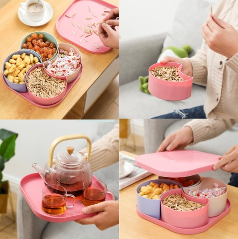 Khay mứt vuông đựng bánh kẹo thực phẩm 4 ngăn đa năng (đk 24cm) [BH: NONE]