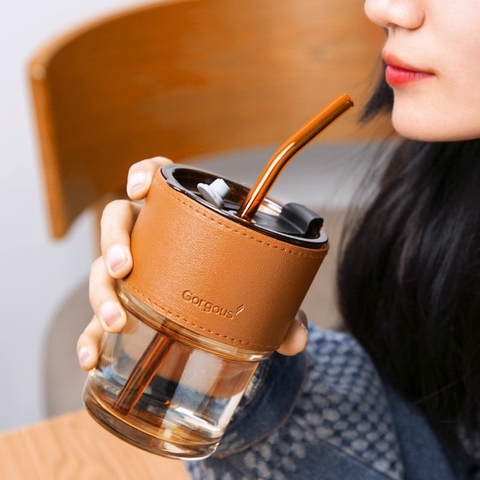 Ly cốc thủy tinh bình nước mix da Gorgous Korea có ống hút