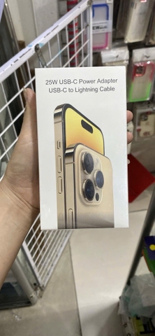 Bộ sạc nhanh 25W iPhone 11 12 13 HỘP GIẤY CỨNG VÀNG TRẮNG (Cóc 1 cổng EU chân tròn + Cáp Type C ra Lightning iPhone {c-l}) [BH: 3 THÁNG]
