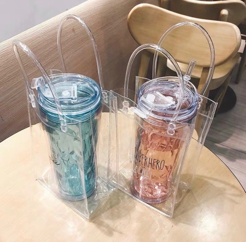 Combo 2 túi trong suốt có tay cầm đựng ly, bình nước giữ nhiệt