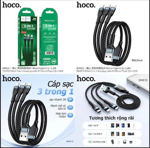 Cáp sạc nhanh 3A DMX15 cáp 3 đầu USB ra Iphone/TypeC/Micro chính hãng
