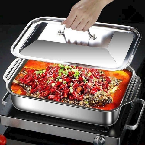 Khay inox có nắp đa năng, nấu trực tiếp được, khay om cá nấu cỗ [BH: None]