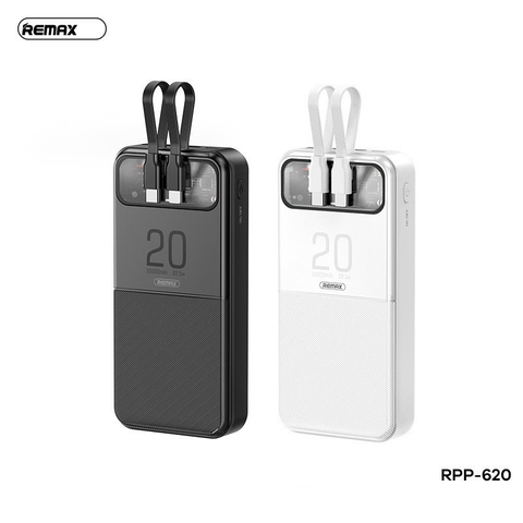 Pin sạc nhanh 22.5w Remax RPP-620 20.000mAh dự phòng PD QC3.0 chính hãng (Cổng Type-C IN)  - Kèm cáp liền pin, thiết kế lộ mạch [BH 1 năm]