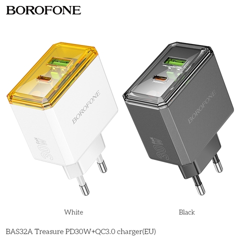Cóc sạc nhanh 30w BOROFONE BAS32A cóc 1 cổng USB + 1 cổng Type C trong suốt siêu đẹp [Bh 1 Năm]