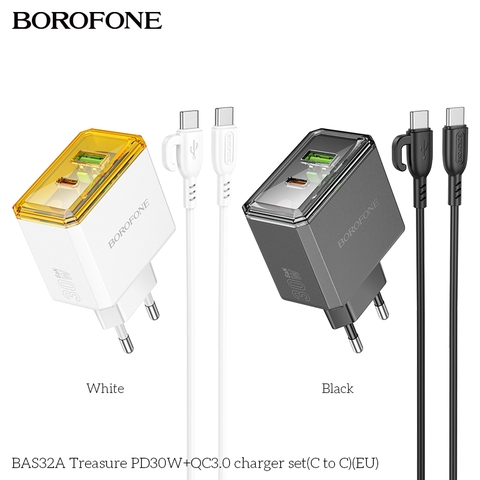 Bộ sạc nhanh 30w BOROFONE BAS32A (c-c) cóc 2 cổng (1 cổng usb vs 1 cổng typec) kèm cáp 2 đầu Type C ra Type C cáp có móc siêu tiện lợi [Bh 1 Năm]