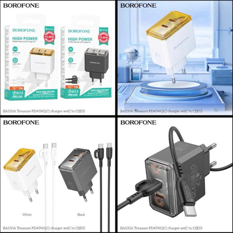 Bộ sạc nhanh 45w BOROFONE BAS33A (C-C) cóc 2 cổng Type C kèm cáp 2 đầu Type C chính hãng