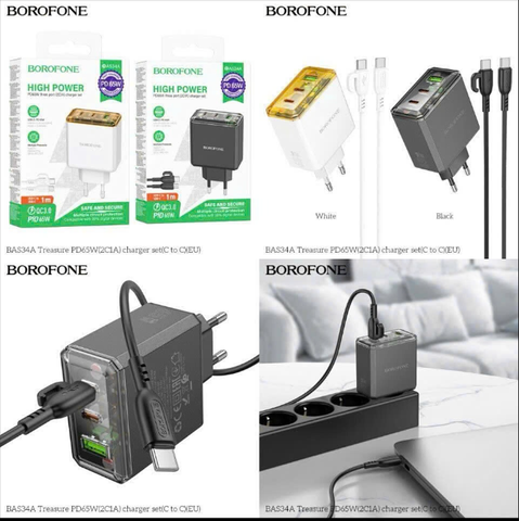 Bộ sạc BOROFONE BAS33A (C-C) sạc nhanh 65w+QC3.0 cóc 3 cổng (1U 2C) kèm cáp 2 đầu Type C chính hãng