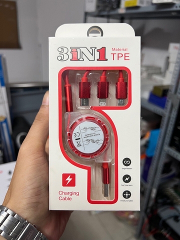 Cáp sạc nhanh dây rút 3 đầu đa năng TPE kéo dài 1m full box loại tốt [BH 3 tháng] / pktn sale