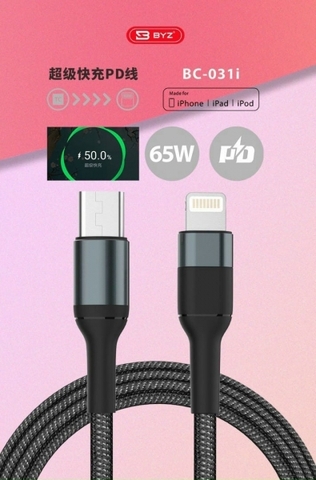 Cáp sạc nhanh PD 65w BYZ BC031i Type c ra lightning (c-l) chính hãng dài 1.2m [BH: 12 tháng]