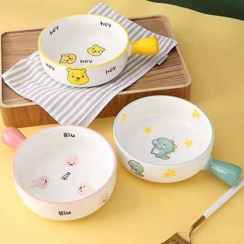 Bát gốm ăn dặm hoạ tiết hoạt hình tay size 16cm cầm cho bé [BH: None]