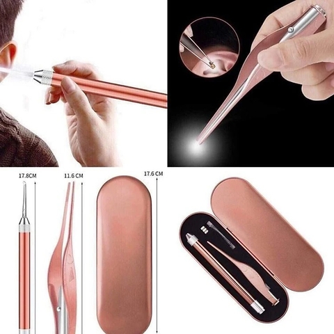 Bộ Dụng Cụ Soi, Gắp, Lấy Ráy Tai Hộp Hồng Cao Cấp Có Đèn Pin [BH: NONE]