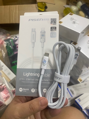 Cáp sạc nhanh 27w Pisen Type c ra Lightning (c-l) dây dù dài 1.2m màu trắng xám 1 đầu trong suốt [BH: 1 NĂM]
