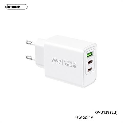 Cóc sạc nhanh 45w REMAX RP-U139 EU chân tròn (1 cổng usb, 2 cổng type-c) PD QC3.0 chính hãng [BH 1 năm]