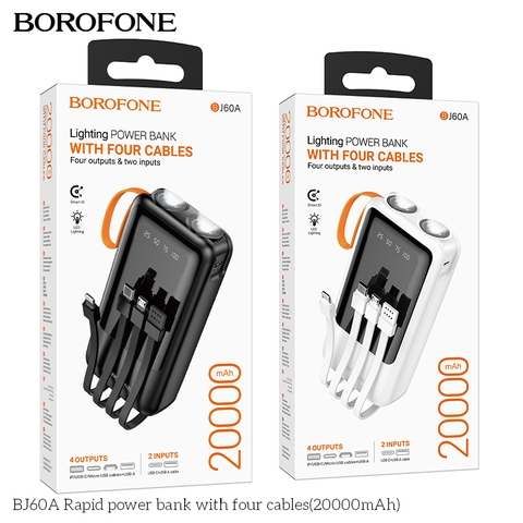 Pin sạc dự phòng Borofone BJ60A 20.000mAh kèm 4 dây sạc liền pin kiêm đèn pin siêu sáng [BH: 1 NĂM]