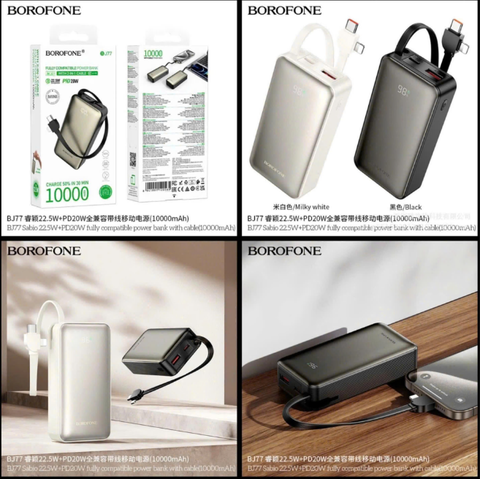 Pin sạc dự phòng BOROFONE BJ77 10.000mAh sạc nhanh 22.5W kèm cáp 2 đầu siêu tiện lợi