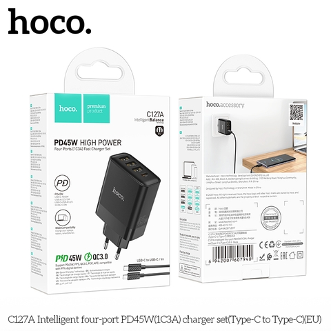 Bộ sạc nhanh 45w 4 cổng Hoco C127A Type C ( 3 cổng Type C 45W+ 1 cổng USB QC3.0, kèm cáp 2 đầu Type c) chính hãng [BH: 1 NĂM]