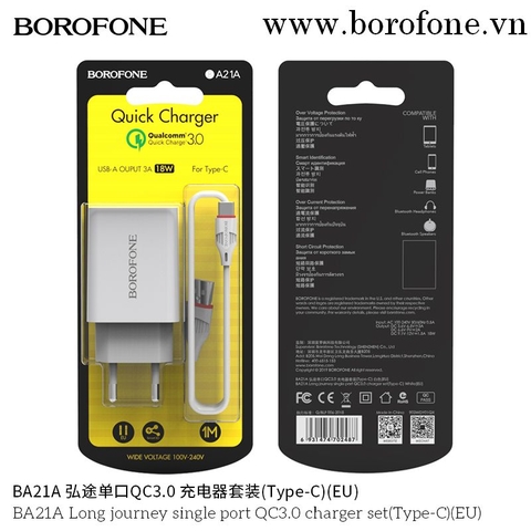 Bộ sạc BOROFONE BA21A (A-C), Cáp USB ra Type C, Cóc 1 cổng USB chính hãng [BH 1 năm]
