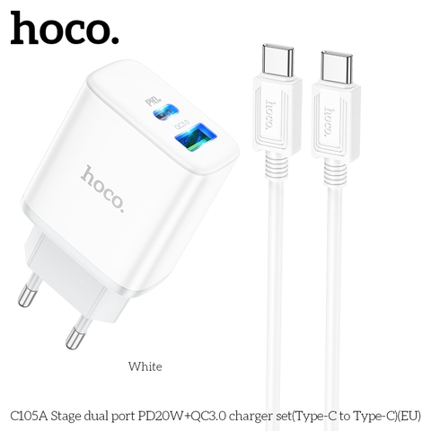 Bộ sạc nhanh 20w Hoco C105A (c-c) (cóc 1 cổng usb QC3.0 vs 1 cổng type-c PD) (cáp 2 đầu type c ra type-c) chính hãng [BH 1 năm] / pktn sale