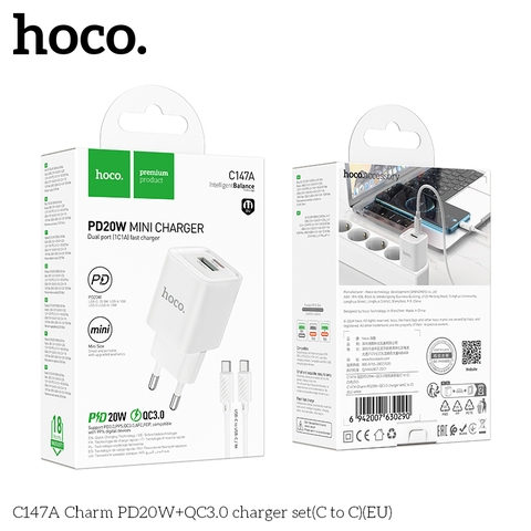 Bộ sạc nhanh 20W HOCO C147A cóc 2 cổng (1usb 1 TypeC) kèm cáp Type C ra Type C (C-C) chính hãng [Bh 1 Năm]