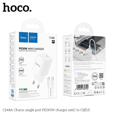 Bộ sạc nhanh 30w HOCO C148A (c-c) (cáp 2 đầu typec ra type-c, cóc 1 cổng usb) chính hãng [BH 1 năm]