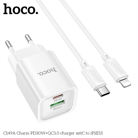 Bộ sạc nhanh 30w HOCO C149A (C-L) EU cóc (1 cổng TypeC, 1 cổng USB) kèm cáp Type C ra Iphone Lightning [BH 1 năm]
