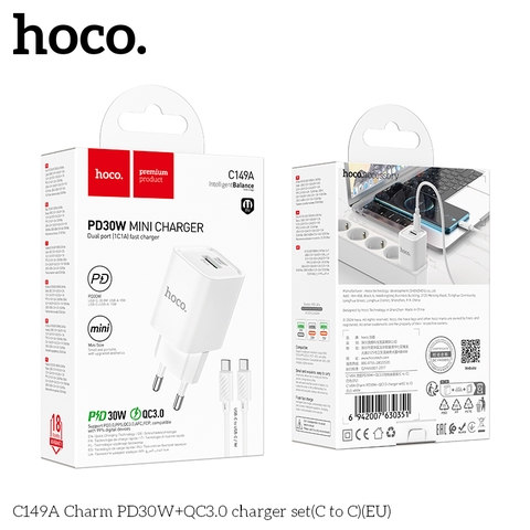 Bộ sạc nhanh 30w HOCO C149A (C-C) EU cóc (1 cổng TypeC, 1 cổng USB) kèm cáp 2 đầu Type C [BH 1 năm]