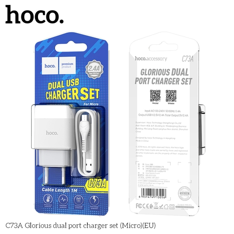 Bộ sạc nhanh micro HOCO C73A 2 cổng usb (cáp usb ra samsung) 2.4A chính hãng [BH 1 năm]