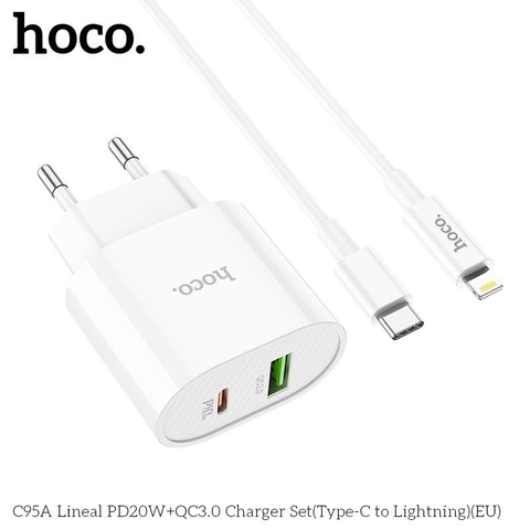 Bộ sạc nhanh 20w HOCO C95A (c-l) cáp type c ra iphone lightning (cóc 1 cổng type-c, 1 cổng usb) chính hãng [BH 1 năm]