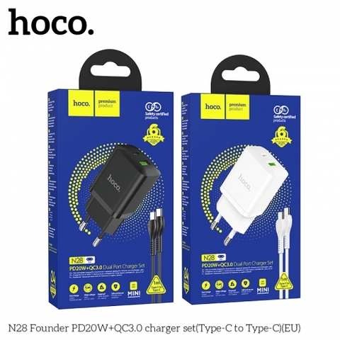 Bộ sạc nhanh 20W HOCO N28 c-c cóc 2 cổng (1 cổng type c 1 cổng usb) kèm cáp Type C ra Type C chính hãng [BH 1 Năm]