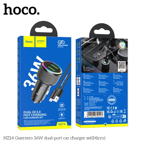 Cóc sạc nhanh 36W cho xe hơi Hoco NZ14 Micro (2 cổng USB) đèn LED chính hãng [BH 1 năm]