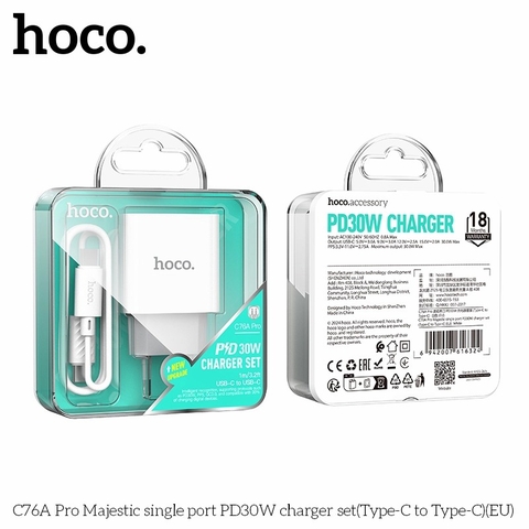 Bộ sạc nhanh 30w HOCO C76A PRO cóc 1 cổng Type C kèm cáp Type C ra Type C (c-c) chính hãng [Bh 1 Năm]