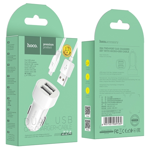 Cóc sạc/ tẩu sạc xe hơi Hoco Z2 iPhone  (1 cổng USBA kèm cáp A-L)