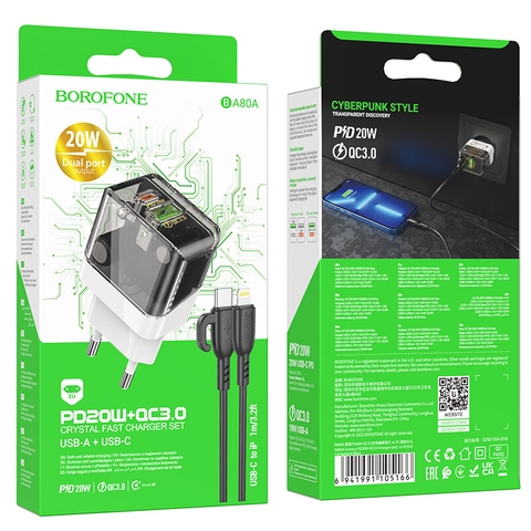 Bộ sạc nhanh 20w BOROFONE BA80A (c-l) (cáp type c ra iphone lightning) (cóc 1 cổng type-c vs 1 cổng usb) PD QC3.0 chính hãng [BH 1 năm]
