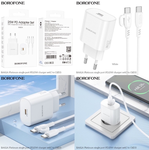 Bộ sạc nhanh 25w BOROFONE BA82A (c-c) (cáp 2 đầu type c ra type-c) (cóc 1 cổng type-c) PD QC3.0 chính hãng [BH 1 năm]