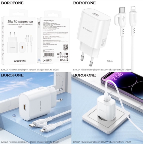 Bộ sạc nhanh 25w BOROFONE BA82A (c-l) (cáp type c ra iphone lightning) (cóc 1 cổng type-c) PD QC3.0 chính hãng [BH 1 năm]