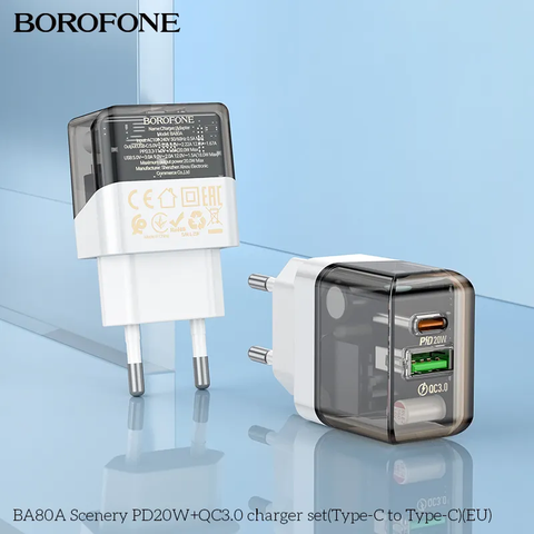 Cóc sạc nhanh 20w BOROFONE BA80A (1 cổng type-c vs 1 cổng usb) PD QC3.0 chính hãng [BH 1 năm]