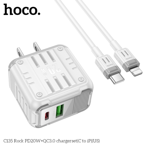 Bộ sạc nhanh 20w HOCO C135 Rock (C-L: cáp type c ra iphone lightning) (cóc 1C 1U: 1 cổng type-c PD vs 1 cổng usb QC3.0) chính hãng [BH 1 năm]