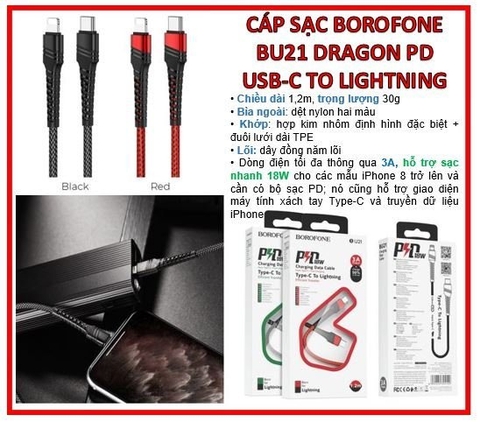 Cáp sạc BOROFONE BU21 DRAGON PD Type C ra iphone Lightning chống đứt [BH 6 Tháng]