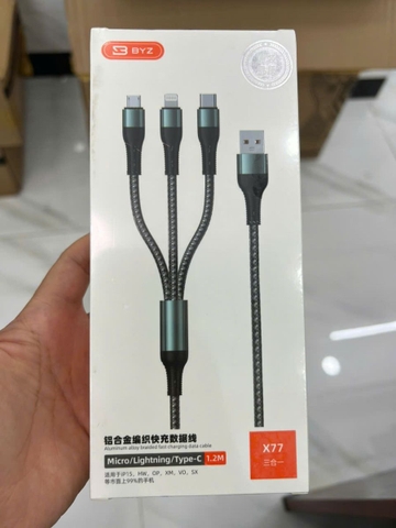 Cáp sạc nhanh 100W 3 đầu BYZ X77 dây dù chính hãng dài 1.2m [BH: 3 Tháng]