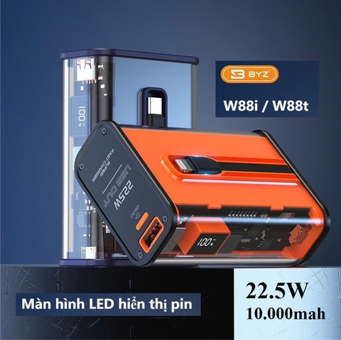 Pin sạc nhanh 22.5w BYZ W-88i trong suốt kèm cáp Lightning iPhone chính hãng [BH: 1 NĂM]