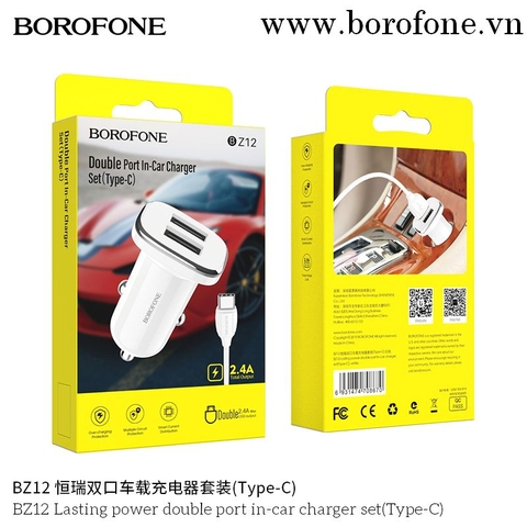 Sale Cóc sạc xe hơi BOROFONE BZ12 (Type-C) 2 cổng usb sạc nhanh QC3.0 kèm cáp sạc Type C chính hãng [BH 1 tháng]