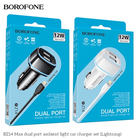 Cóc sạc xe hơi BOROFONE BZ14 (iPhone) 2 cổng usb kèm cáp Lightning cho ô tô chính hãng [BH 1 năm]
