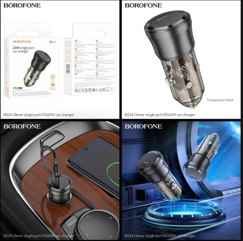 Cóc sạc nhanh 20w xe hơi BOROFONE BZ24 chính hãng 1 cổng type-c dành cho oto mẫu trong suốt siêu đẹp [BH 1 Năm]