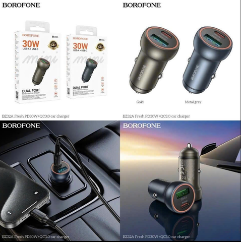 Tẩu sạc xe hơi BOROFONE BZ32A sạc nhanh 30w+QC3.0 tẩu 2 cổng 1 usb 1 Type c siêu tiện lợi