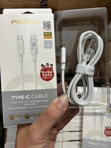 Cáp sạc nhanh 60w Pisen Type c ra Type c (c-c) dây dù dài 1.2m màu trắng xám 1 đầu trong suốt [BH: 1 NĂM]