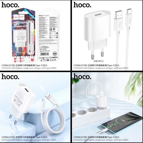 Bộ sạc 10.5W HOCO C109A (TypeC 10.5W) cóc 1 cổng USB kèm cáp usb ra Type C chính hãng [BH 1 Năm]