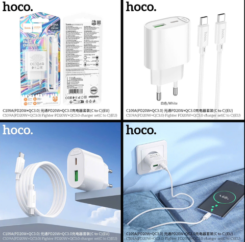 Bộ sạc nhanh 20w HOCO C109A (cóc 1A1C, cáp c-c) PD+QC3.0 cóc 1 cổng usb và 1 cổng type-c, kèm cáp 2 đầu Type C chính hãng BH 1 năm