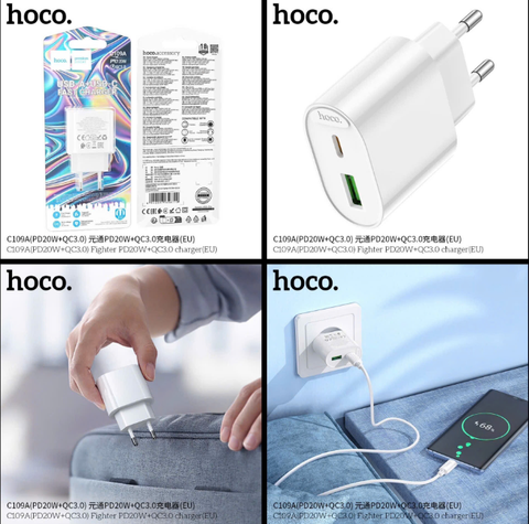 Cóc sạc nhanh HOCO C109A (20w MẪU MỚI) 1 cổng type-c vs 1 cổng usb siêu tiện lợi [BH 1 năm]